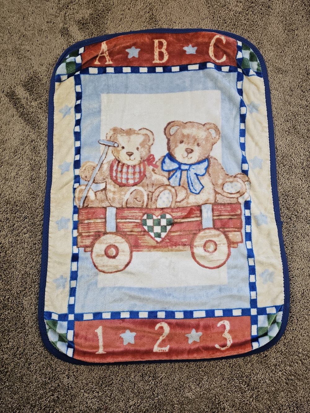 Crown Crafts Teddy Bear Wagon ABC & 123 Stars Plush Baby Toddler Blanket 30x45"